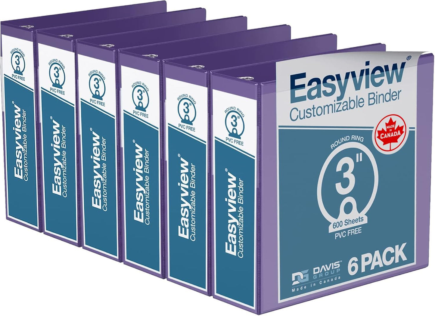 Easyview Premium 3-Ring Binders with Clear-View Covers and Round Rings, Binders for School or Office, 3 Inch, Pack of 6, Purple