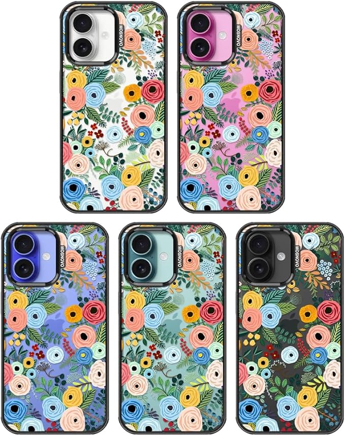 MOSNOVO Case for iPhone 16, [10ft 4X Military-Grade Drop Protection] Durable & Shockproof Phone Case Cover Design for iPhone 16 - Pastel Floral Garden - Clear Black