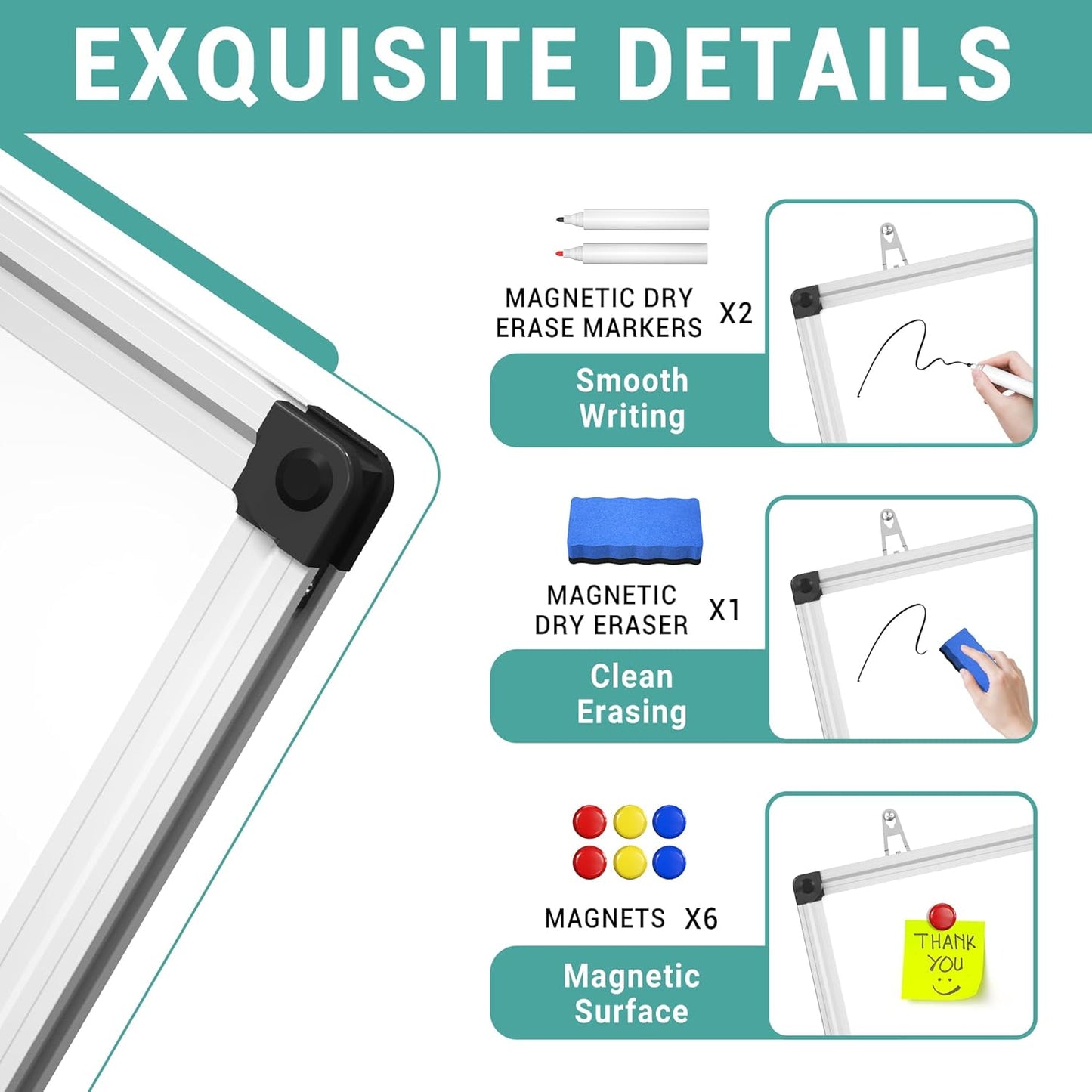 Magnetic Dry Erase White Board - 46 x 33 Inch Whiteboard for Wall - 4 x 3 Large Wall-Mounted Board with Silver Aluminum Frame, 1 Magnetic Eraser, 2 Pens, 1 Detachable Marker Tray, 6 Magnets