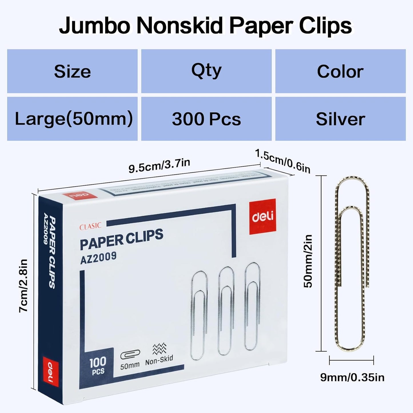 Deli Jumbo Paper Clips Nonskid, 300 Large Paper Clips, 3 Boxes of 100 Each, Silver