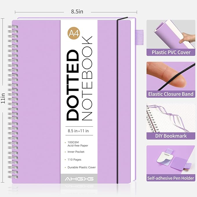AHGXG Bullet Dotted Journal - Dot Grid Spiral Notebook 8.5" x 11", A4 Large Dotted Notebook, 100 GSM Thick Paper, Waterproof Plastic Cover Journals for Bullet Journaling, Sketching, Purple