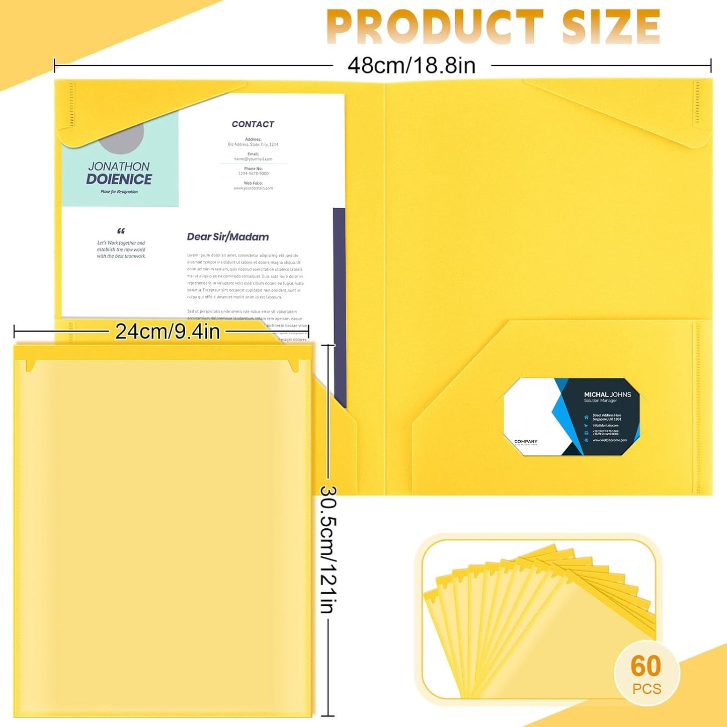 Henoyso 60 Pcs Plastic Folders with Clear Front Pockets Heavy Duty File Folders with 2 Pockets and Card Slot for Student Communication School Office Presentation Report (Yellow)