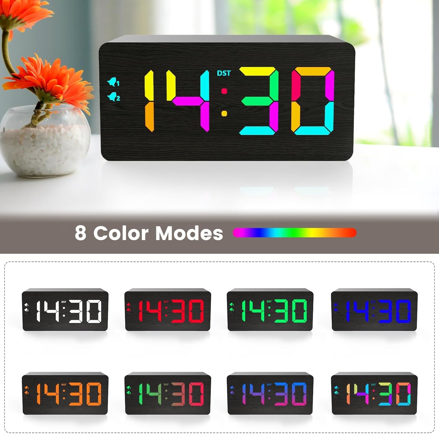 Wooden Digital Alarm Clock with Fast Wireless Charger, Dual USB Charging Ports, DST, Dimmable, Snooze, RGB Large Number Display LED Clock for Bedrooms, Living Room, Desk, Table, Bedside(Black)