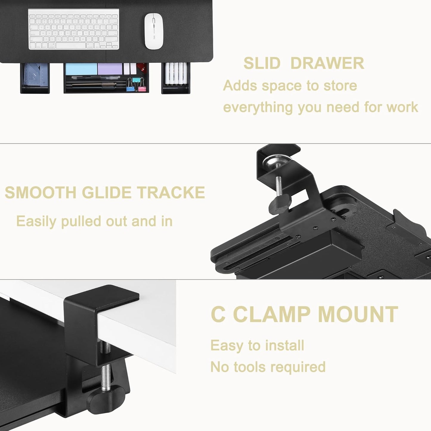 Keyboard Tray Under Desk with Drawer,26.77" X 11.81" Keyboard Tray Large Size with C Clamp-on Mount, Easy to Install, Save Space for Office Desk (Black)