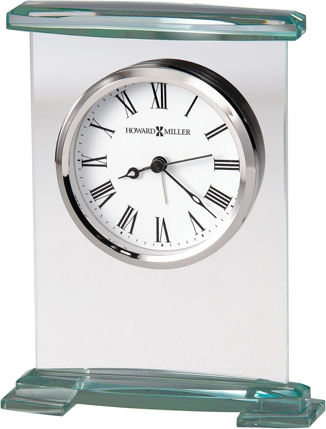 Howard Miller Augustine Tabletop Alarm Clock - Glass Bracket Style, Silent Quartz Movement, Modern Desk Clock with Roman Numerals, Battery Operated, Perfect for Home or Office Decor