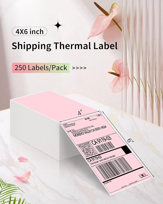Thermal Shipping Labels 4x6-250 Labels Fan-Fold, Mailing Postage Paper for Thermal Printers, Strong Adhesive, Jam-Free, Compatible with JADENS, Rollo, Munbyn, for Office & Home, Pink