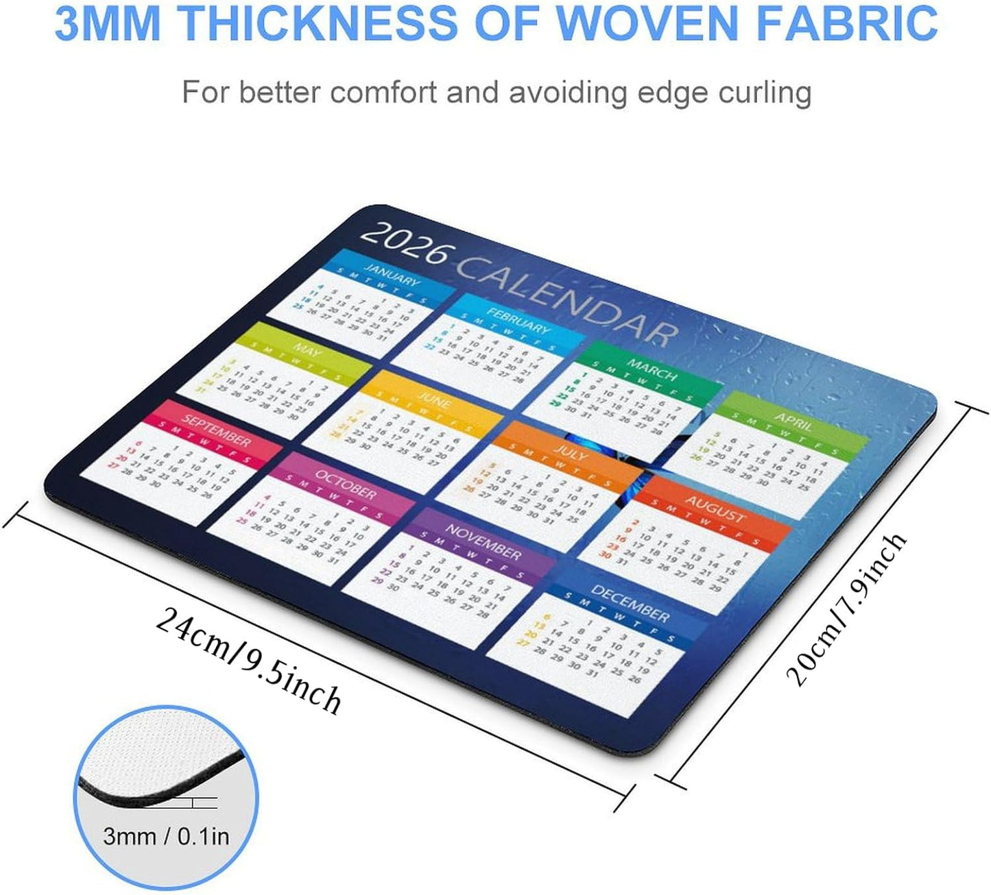 Mouse Pad 2026 Calendar,Computer Mouse Pads Calendars Non-Slip Rubber Desk Mat Mousepad Gaming Office Keyboard Mat (9.45x7.87 in) (Blue)