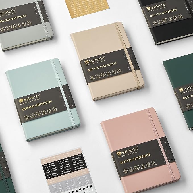 &And Per Se Dotted Journal Notebook (5 Packs), A5 Hardcover Leather Dotted Journal, 160 Pages 100 gsm Thick Paper, 3 Sheets of Stickers Included- 5.7'' x 8'' (Green