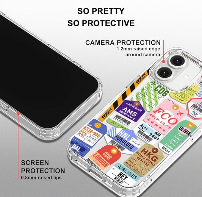 MOSNOVO Case for iPhone 16, [Buffertech 6.6ft Military-Grade Drop Protection] [Anti Peel Off Tech] Clear TPU Bumper Phone Case Cover Design - Air Ticket Labels