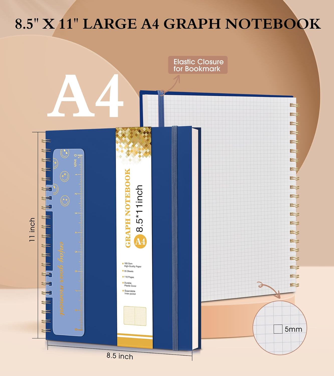 Graph Paper Notebook, Spiral Notebook Journal 8.5” x 11”, A4 Large Grid Notebooks for Women Men, 100 GSM Graph Paper, Plastic Hardcover Spiral Graphing Journals for Work School Engineering, Navy
