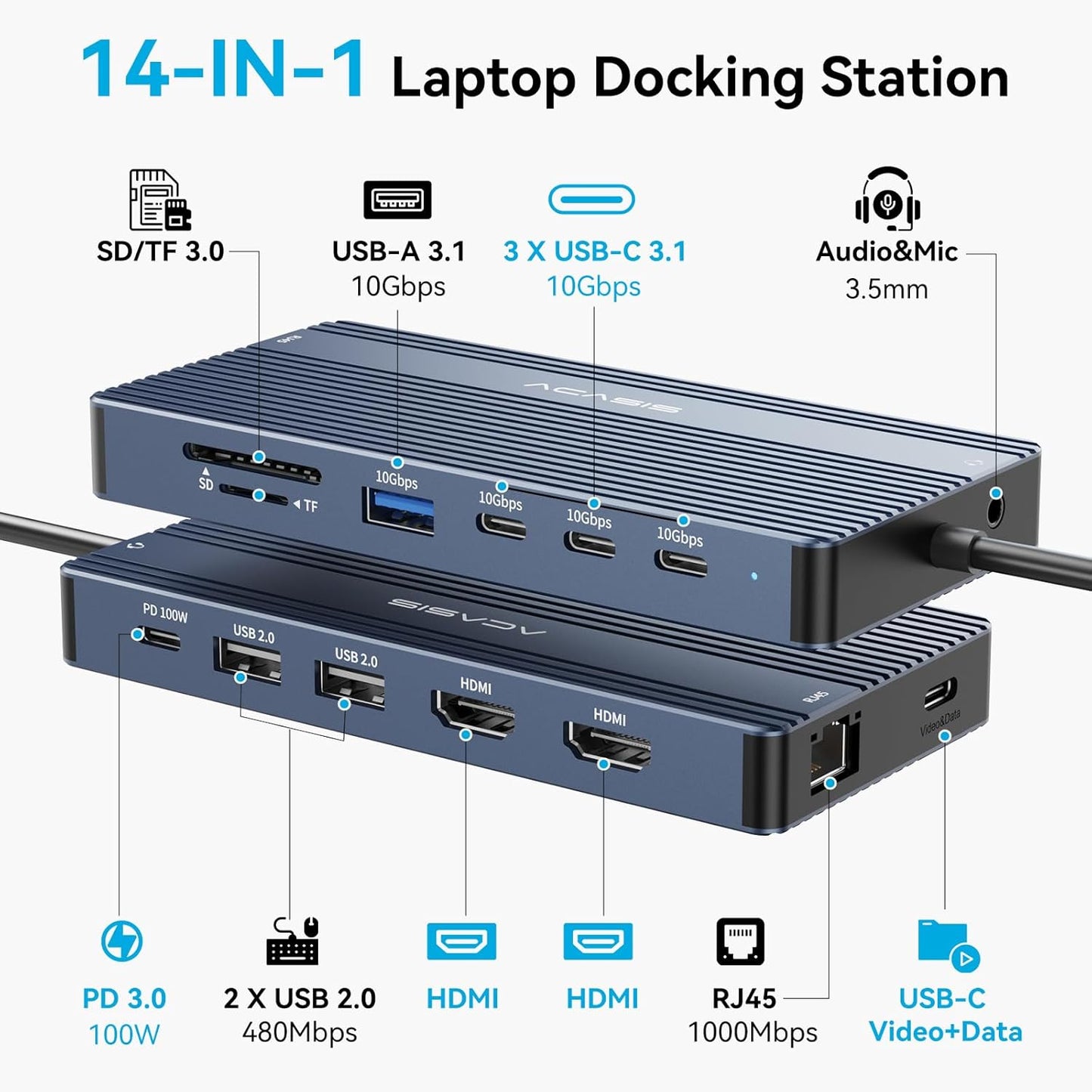 ACASIS USB C Hub with 4K Video Output USBC Splitter with 2*HDMI+4 * 10Gbps Data Transfer+Ethernet+SD/TF+Audio+PD100W Docking Station Dual Monitor for Laptop, Portable Monitor and More Type C Devices