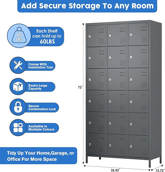 Metal Storage Locker with 18 Doors and Business Card Holder,Metal Lockers for Employees with Lock for School Garage Office Gym,Assembly Required,Dark Grey
