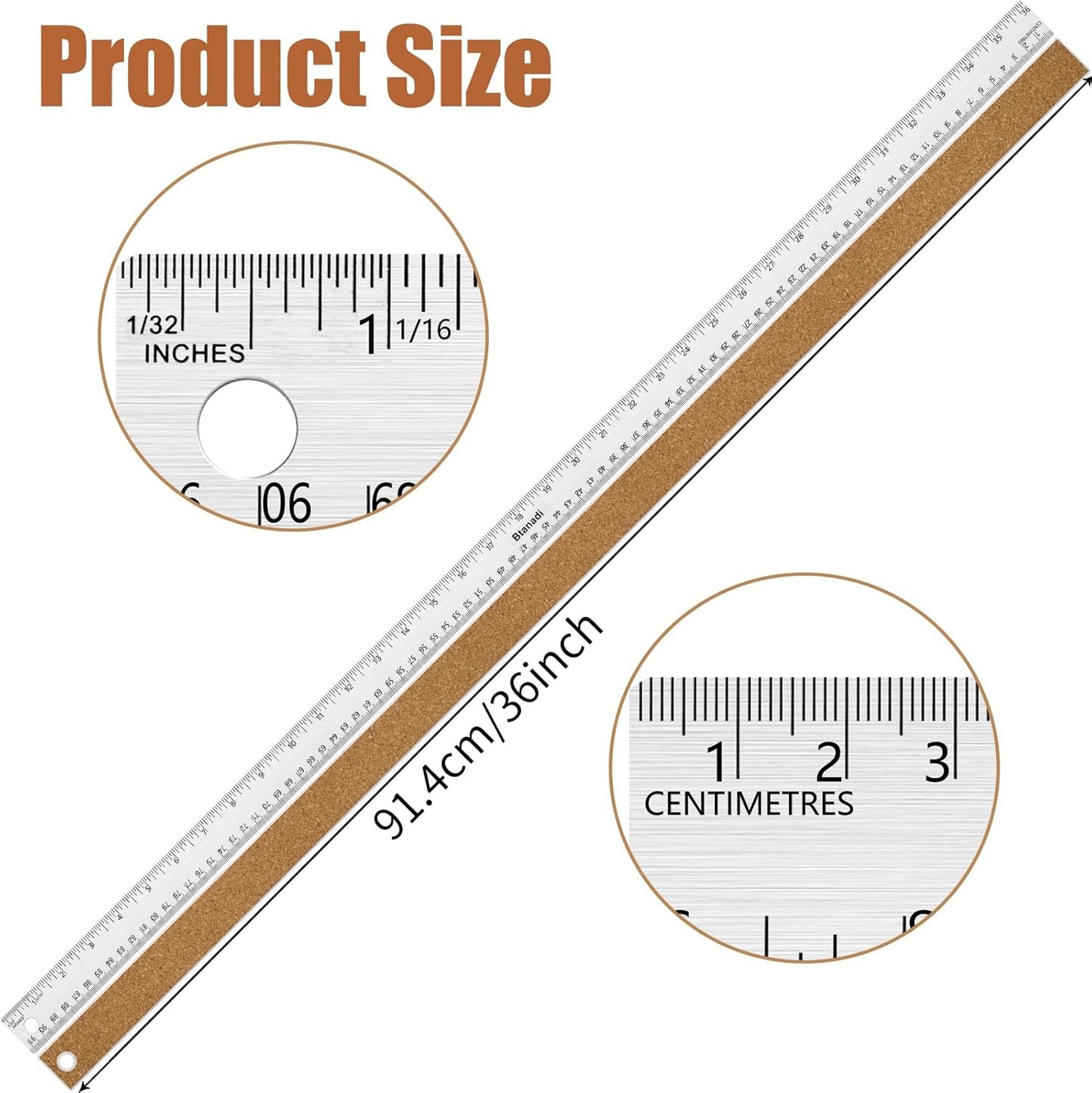 2PCS 36 Inch Metal Ruler, Stainless Steel Straight Edge Ruler with Cork Backing, Non-Slip Imperial & Metric Measuring Tool for School, Office, Woodworking, Drafting