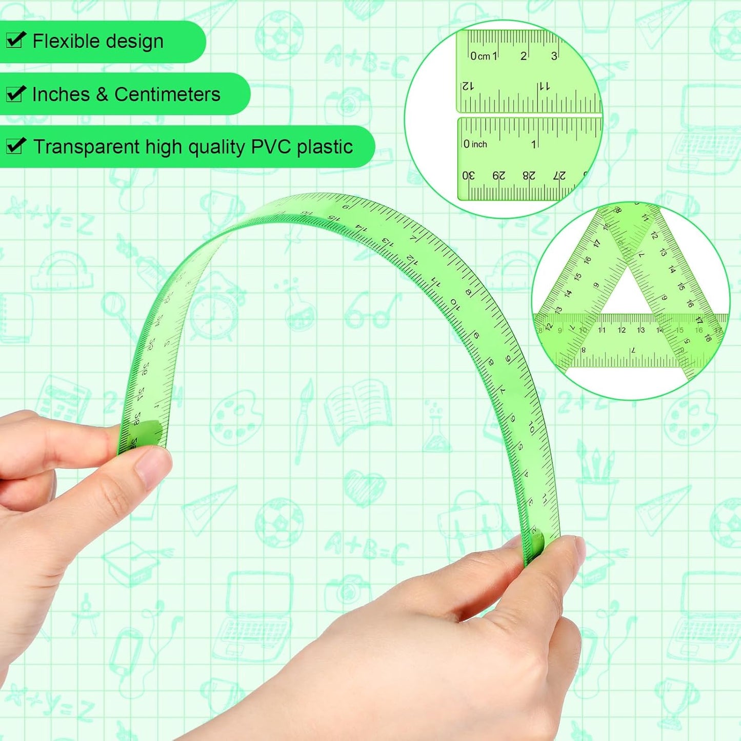 Zonon 2 Pack 12'' Plastic Ruler and 6'' Plastic Protractor Set Clear Ruler Protractor Set Math Geometry Supplies for School Classroom Home Office Drawing(Green)