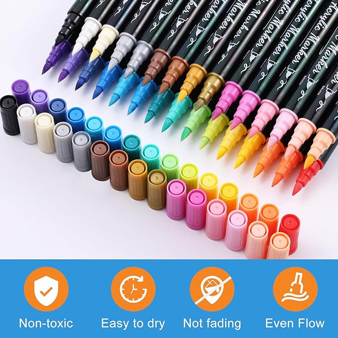 30 Colors Acrylic Paint Markers, Waterproof Dual Tip Acrylic Paint Pens with Brush and Fine Tip, Markers Set for Paper, Rock, Wood, Canvas, Glass, Ceramic and DIY Crafts Making Art Supplies