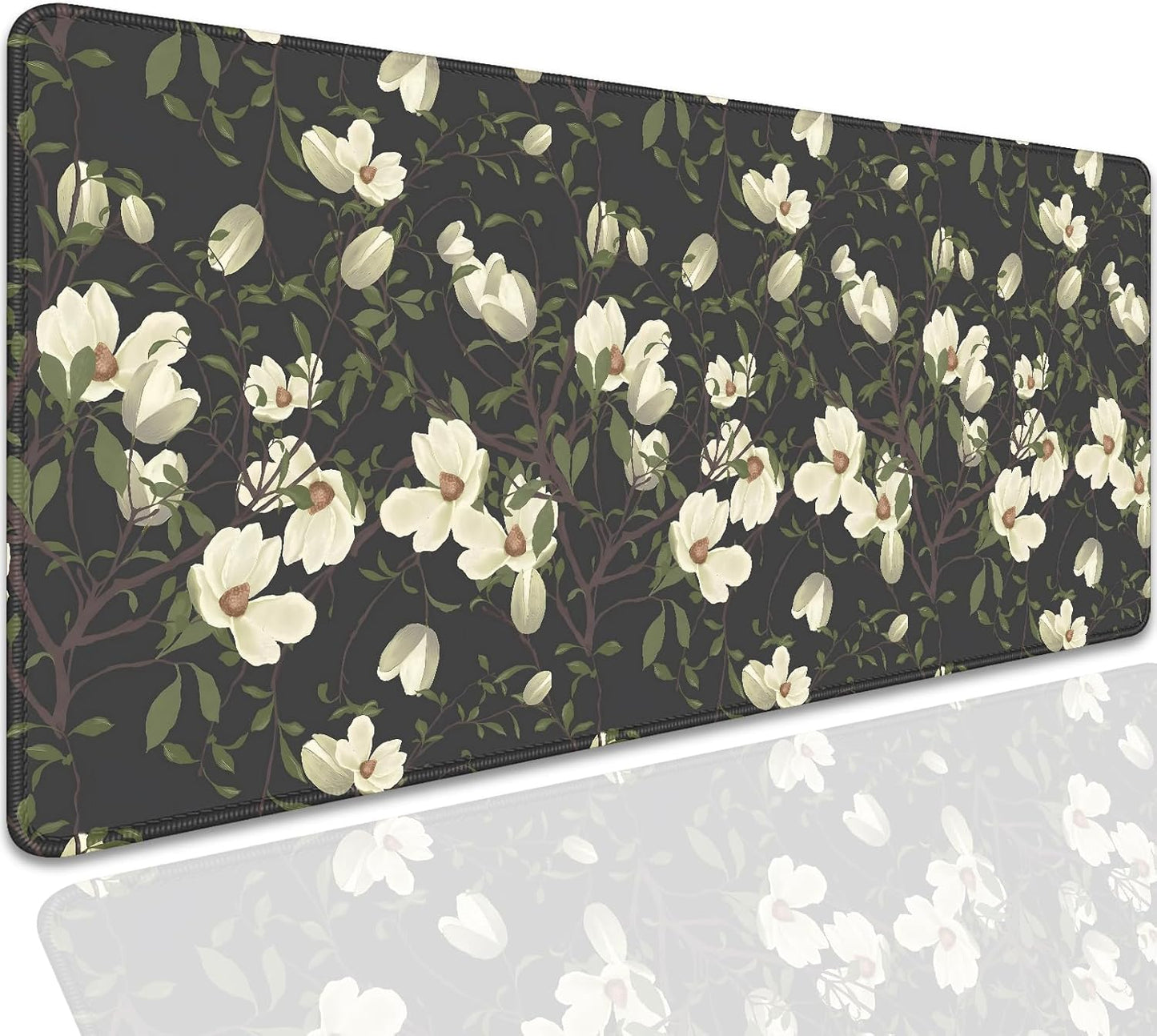Magnolia Flowers Desk Pad Mouse Pad,Large Floral Mouse Mat with Stitched Edges,Non-Slip Rubber Base Black Mousepad for Office PC Keyboard Laptop and Home Work Desk Mat(27.5X11.8 in)