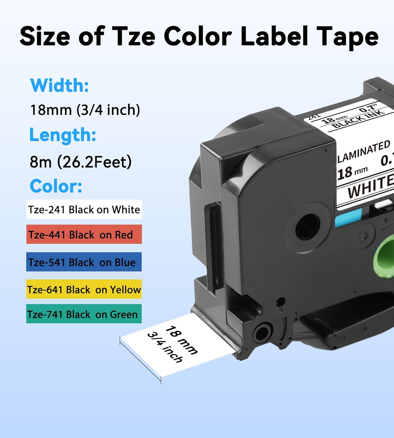 TZe Tz 18mm 0.7’’ Laminated Label Tape Color Replace for Brother Label Maker Tape 18mm 3/4'' White/Red/Yellow/Blue/Green P Touch Tape Work for PT-D400, PT-D600, PT-D410, PT-D610BT, 5-Pack