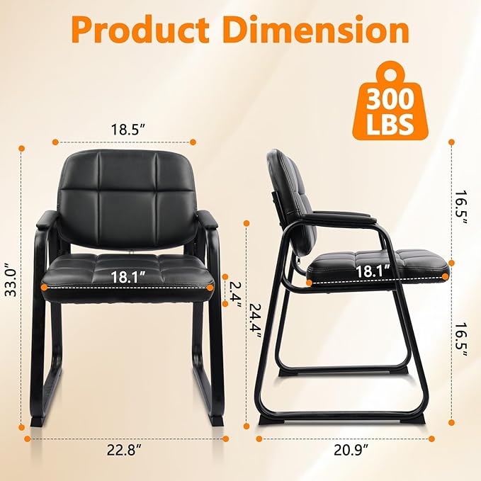 CLATINA Waiting Room Guest Chair with Bonded Leather Padded Arm Rest for Office Reception and Conference Desk Black with Sled Base 8 Pack