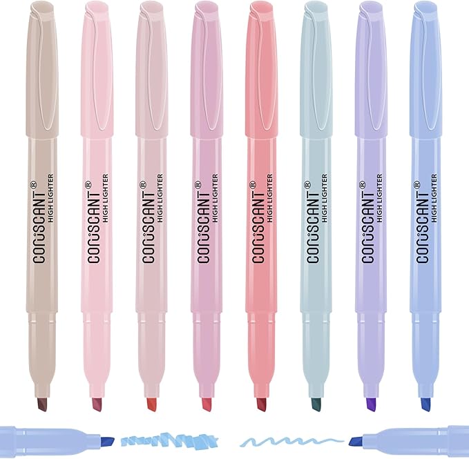 coruscant Pastel Highlighters Set, Assorted Colors Chisel Tip Cute Bible Highlighters, No Bleed Dry Quickly, for Journal Bible Study, Perfect for thin paper, School Office Supplies, 8 Pack