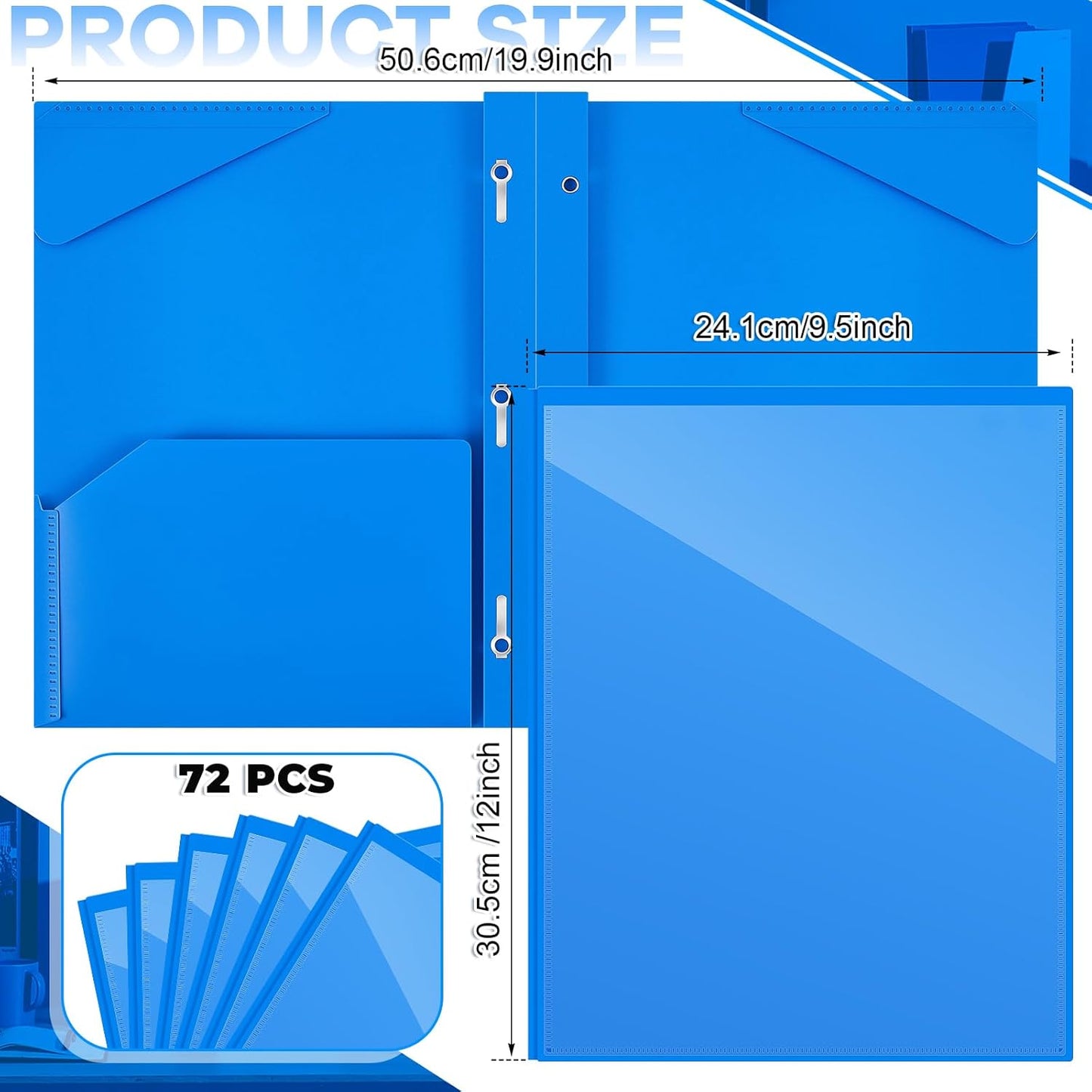 Henoyso 72 Pcs Plastic Folder with Clear Front Pocket and 3 Prong Plastic Folders with Card Slot Pocket Folders with Prongs for School Office (Blue)