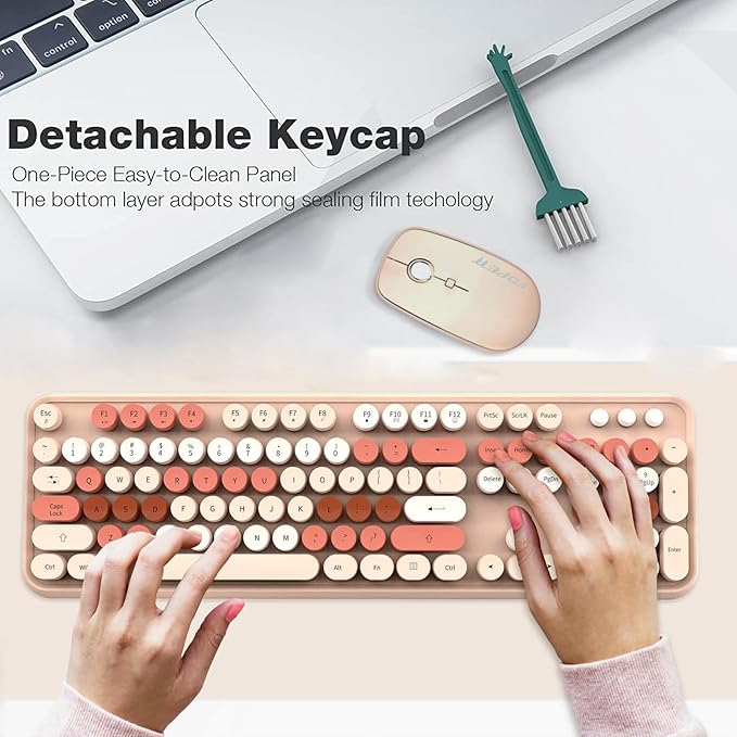 FD Wireless Keyboard and Mouse Combo | Cute Colorful Keyboard and Mouse with 2.4GHz Cordless Retro Typewriter Keyboard | Auto-Sleep | USB Receiver for Windows PC/Laptop - Creamy Colorful