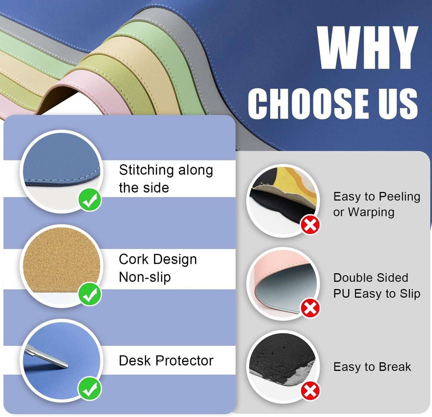 Large Desk Pad 35.4" x 17", Non-Slip Desk Mat with PU Leather & Natural Cork, Waterproof Writing Desk Natural Cork, Computer Mat Desk Protector for Office Home, Lake Blue