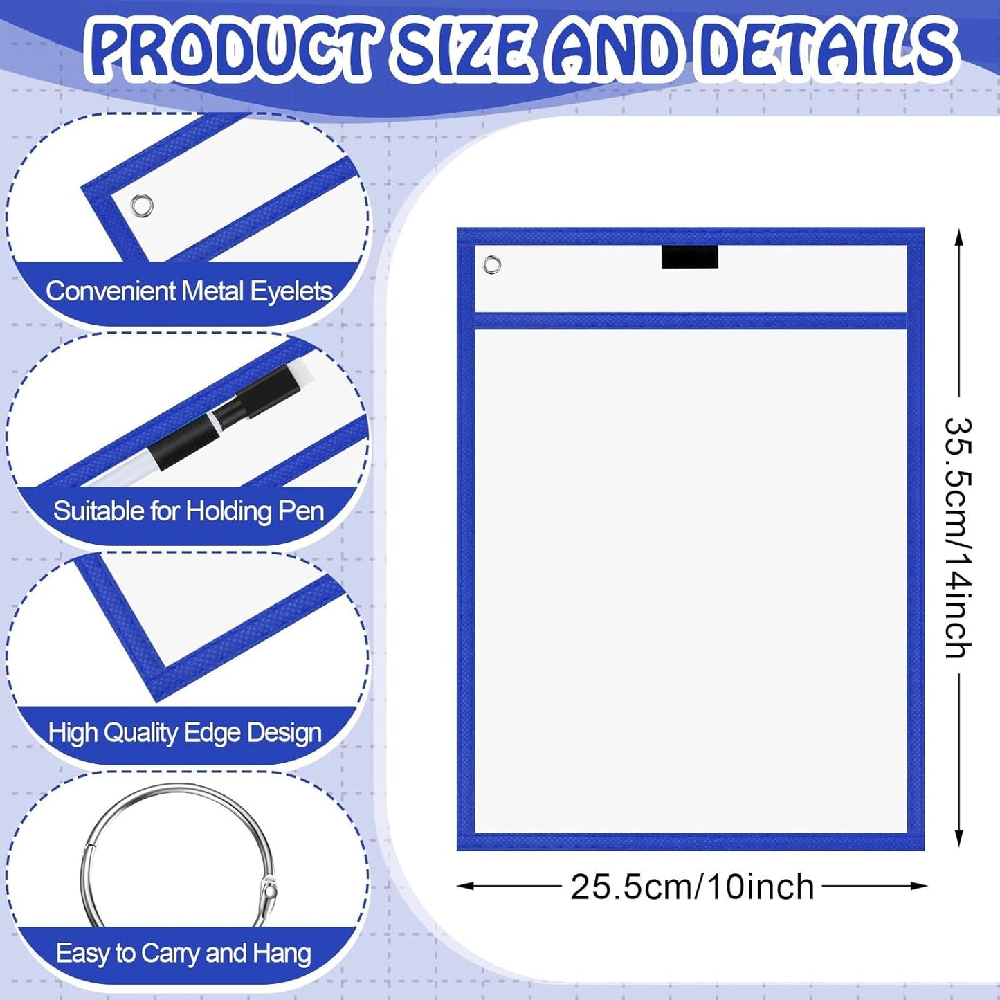 Teling 150 Pcs Dry Erase Pockets Bulk Reusable Job Ticket Holders Clear Plastic Sleeve Protector Work Order Sleeve Shop Ticket Holder for Welcome Teacher Back Office Supplies(10 x 14'',Black Blue Red)