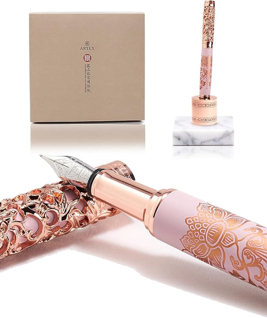 Luxury Fountain Pen Set With Stand - Museum Art Collections - Crafting Timeless Beauty - the Best Gift & Office Desk Decor, German SCHMIDT Fine Nib, Solid Metal & Marble Texture