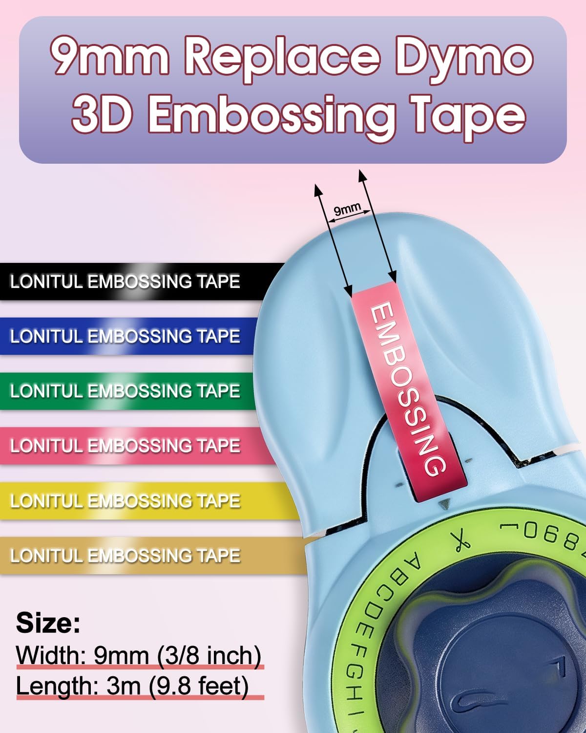 6-Pack Plastic Embossing Tape 9mm Compatible for Dymo 3D Embossing Label Tape 3/8 Inch x 9.8 Feet, White on Black/Blue/Green/Pink/Light Yellow/Champagne Gold for Dymo Organizer Xpress Pro