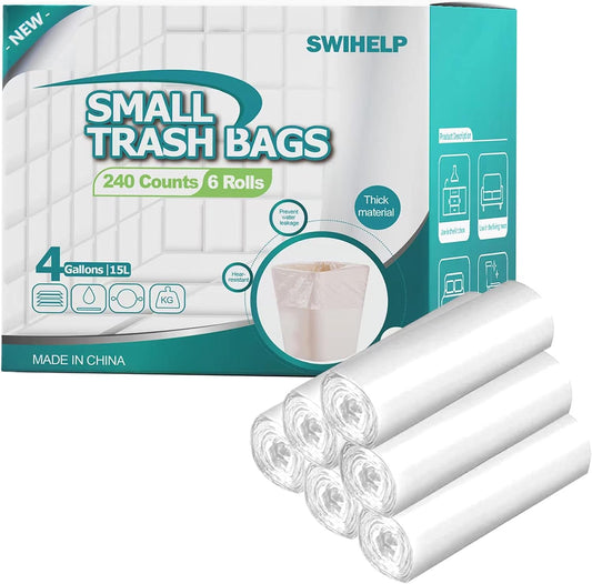 SWIHELP Trash Bags, 4 Gallon / 15 Liters Small Garbage Bags for Office, Kitchen,Bedroom Waste Bin,Colorful Portable Strong Rubbish Bags,Wastebasket Bags 240 Counts