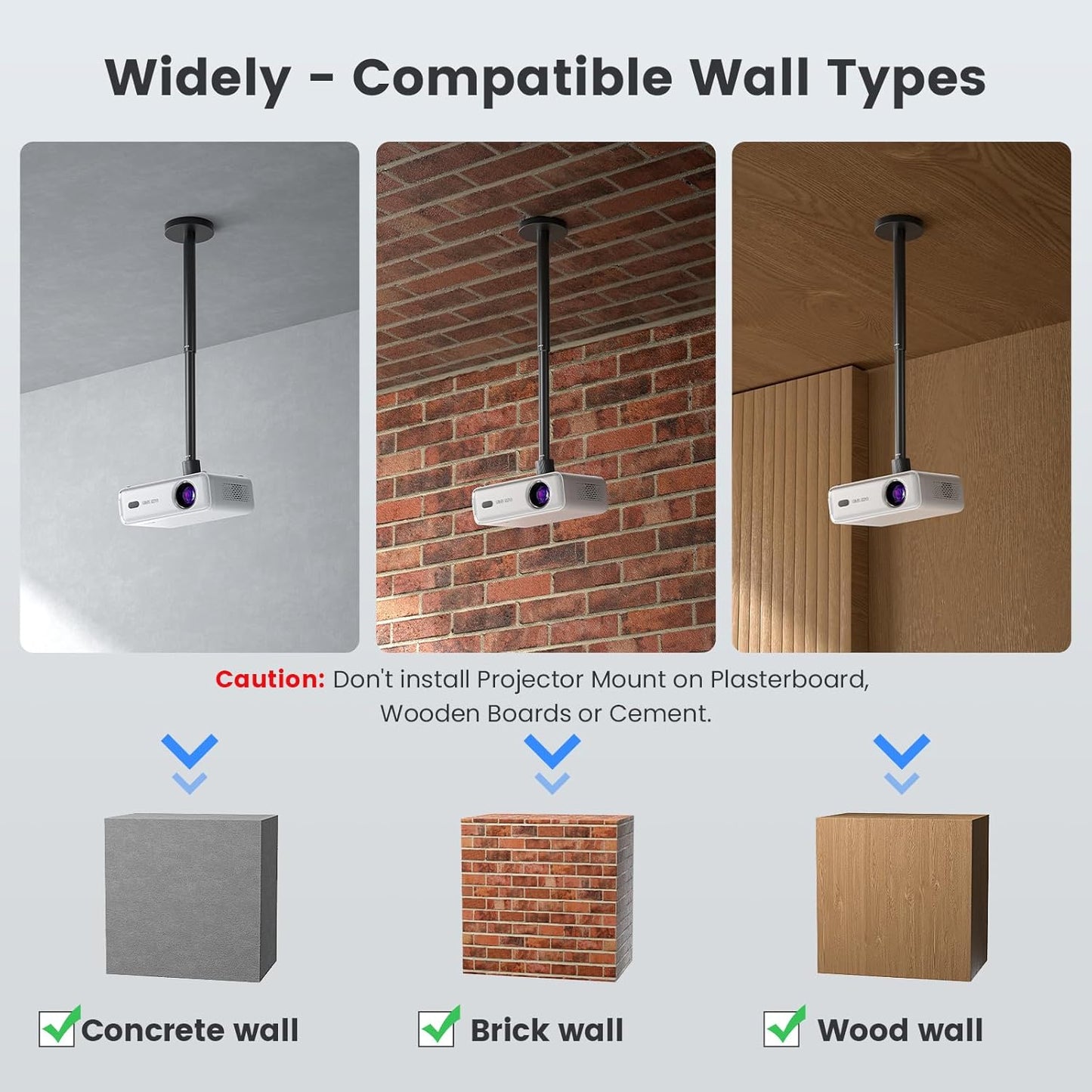 Aurzen Projector Ceiling Mount with New Gimbal, 15.75" - 23.62" Adjustable Length, ¼-Inch Screw, Compatible with TMY, HAPPRUN, Yaber, Epson & Most Projectors, Ceiling/Wall Use with Adjustable Angle