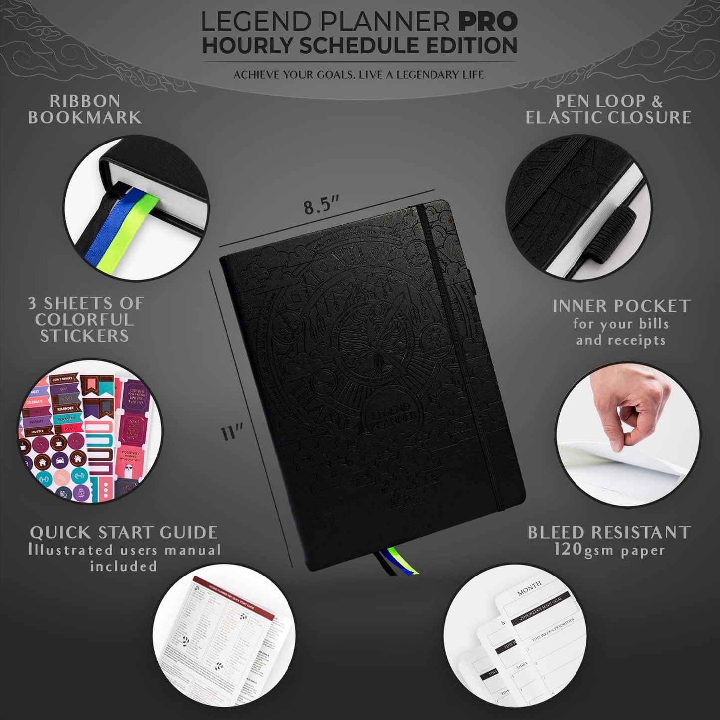 Legend Planner PRO Hourly Schedule - Weekly & Daily Organizer with Time Slots. Appointment Book Journal for Work & Personal, A4 (Black)