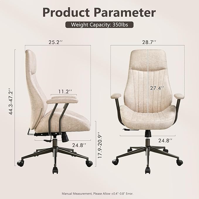 Mid Century Modren Office Chair - High Back Swivel Executive Chair with Lumbar Support,Ergonomic Computer Desk Chair with Wheels,Faux Lether Suede Task Chair,350lbs (Beige, High Back)