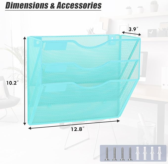 EASEPRES 3 Pocket Mesh Hanging Wall File Organizer, Wall Mounted Mail Paper Document Folder Holder, Clipboard Storage Organization Magazine Rack with Nametag Label for Office Home School, Blue