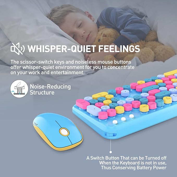 Wireless Keyboard and Mouse Combo, 2.4 GHz Wireless Full-Sized Typewriter Gaming Keyboard with Round Keycaps for Windows, Computer, Desktop, PC, Laptop (Blue)