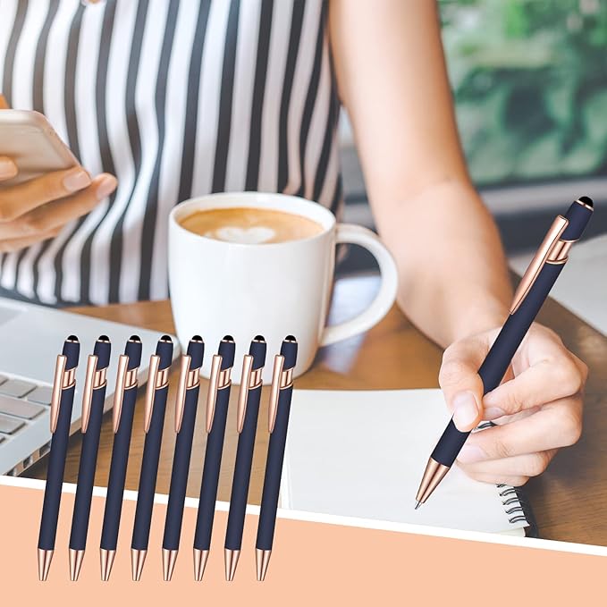 8 Pcs Blue Ink Ballpoint Pen with Stylus Tip 2 in 1 Stylus Ballpoint Pen Metal Pens Stylus Pen for Touch Screens School Office Coworkers (Blue Rose Gold)