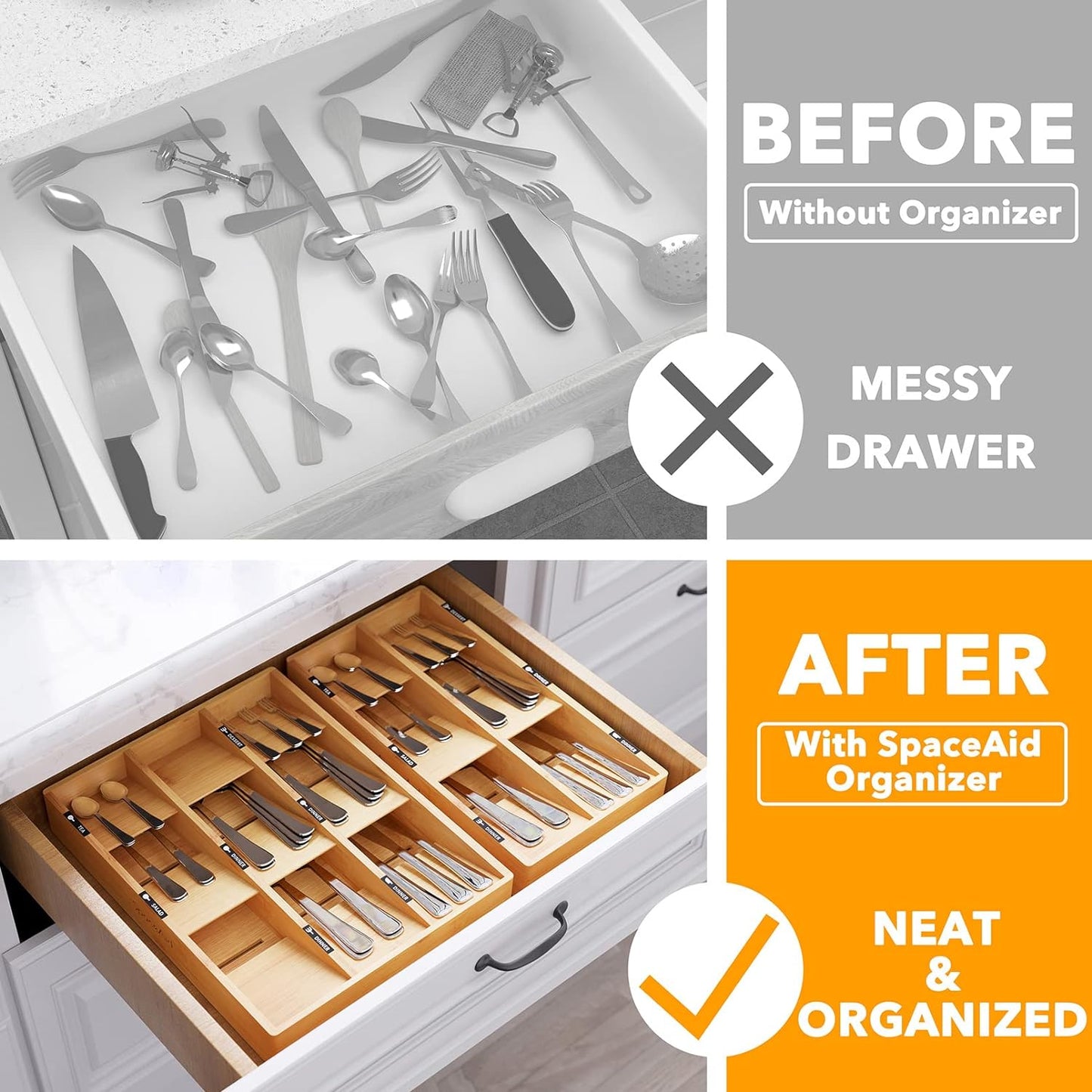 SpaceAid Bamboo Silverware Drawer Organizer (Need 3" Deep Drawer), Kitchen Utensil Tray Holder Organizer for Flatware, Cutlery, Spoon and Knives Storage Organization (9 Slots)