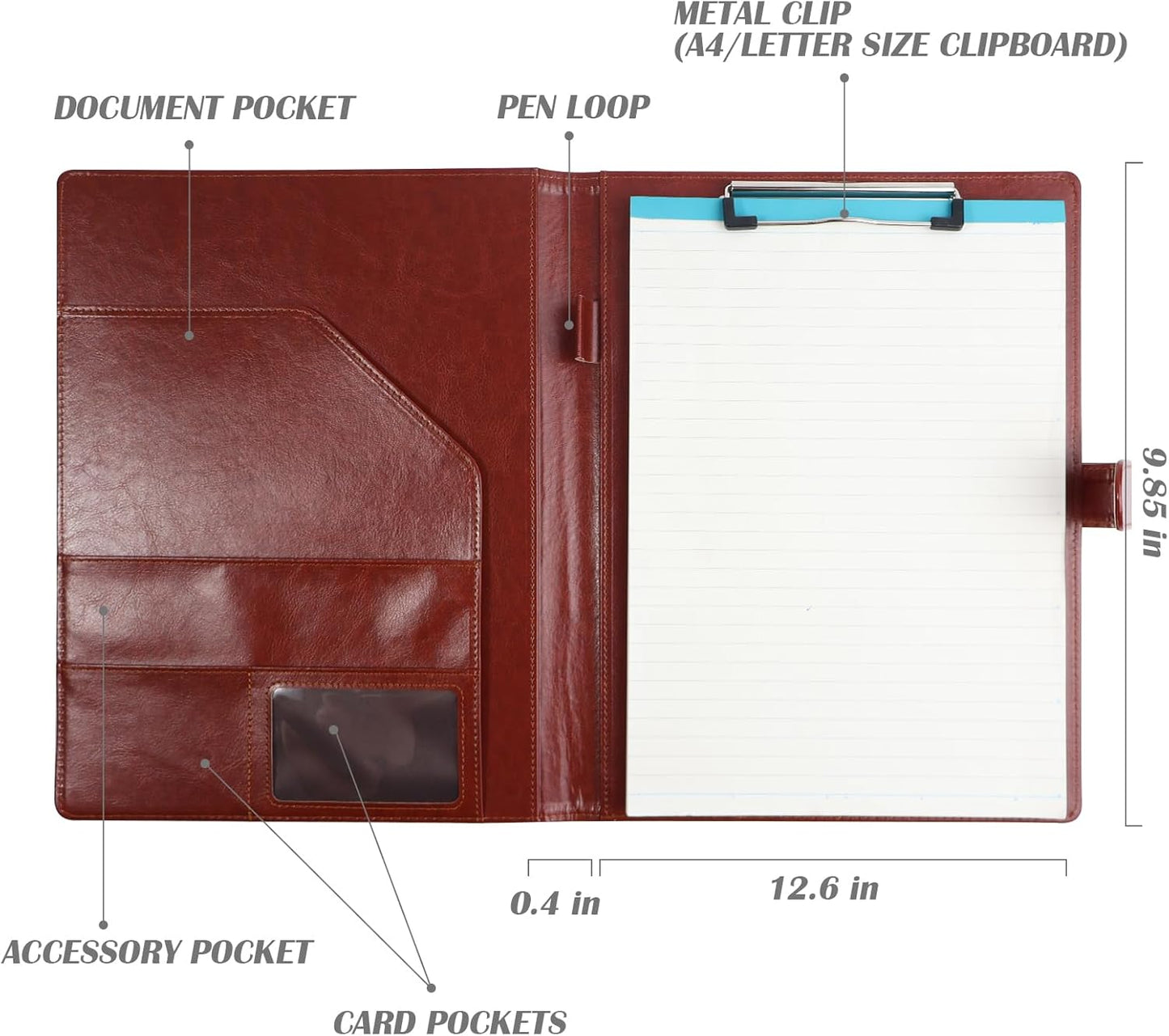 PU Leather Portfolio Binder, Professional Padfolio with Clipboard, Legal Pad Holder for A4 Letter Size Notepad, Resume Portfolio Folder for Business School Office Conference(Brown)