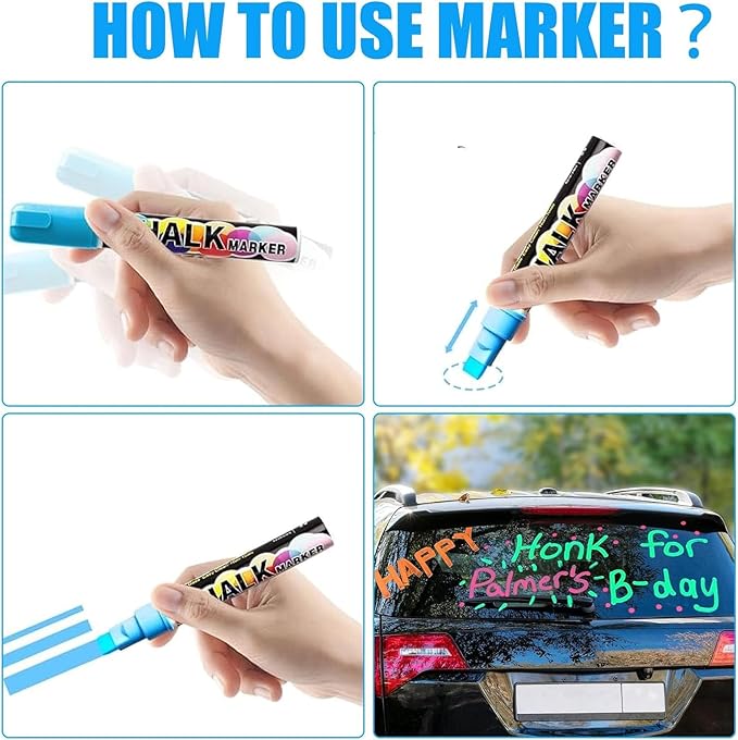 Window Chalk Markers for Cars Glass Washable, 8 Colors Jumbo Liquid Chalk Marker Pens with 15mm 3 in 1 Nib Wide Tip, Chalkboard Markers Car Window Paint Pen for Auto, Mirror, Poster, Business
