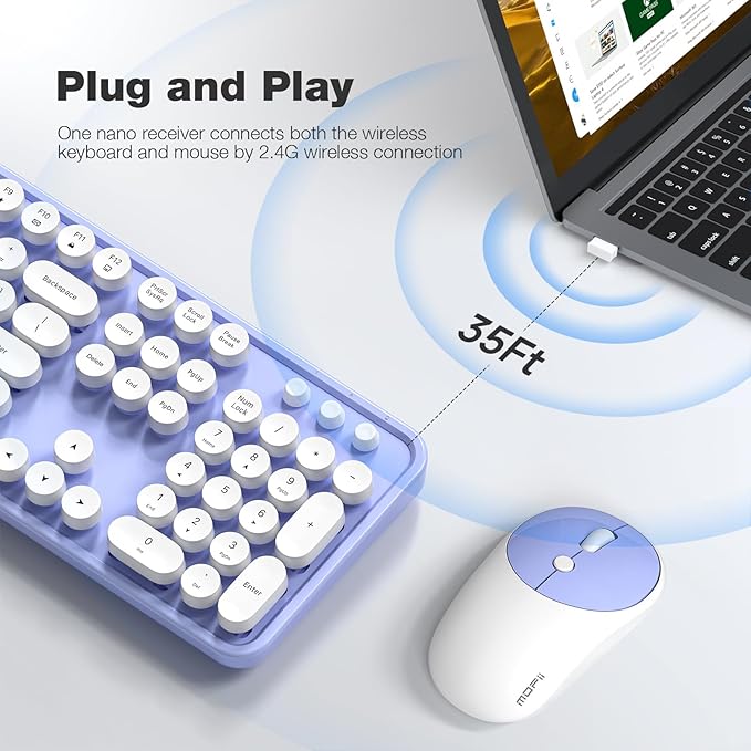 Wireless Keyboard and Mouse Combo, MOWUX Full Size Typewriter Retro Round Computer Keyboard, Mouse Wireless, Plug and Play, for Laptop, PC, Computer- Purple