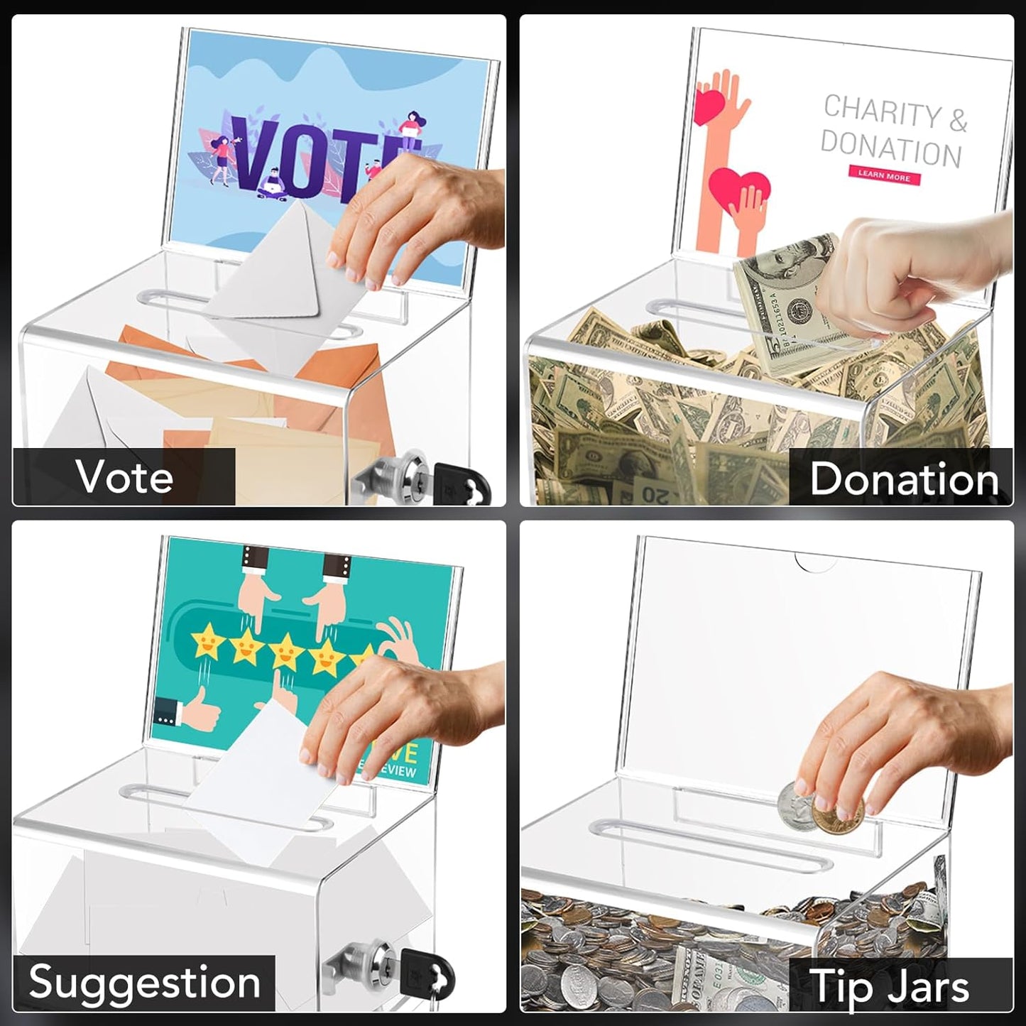 VOISEN Clear Donation Box with Lock,3 Pack Ballot Box with Sign Holder,Tip Jar for Fundraising, Voting Boxes with Slot for School,Conference 6.2x4.6x3.9 Inch