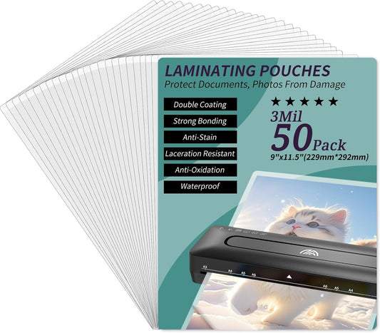 Laminating Sheets - 3Mil 50 Pack Thermal Laminating Pouches, 9"x11.5" Clear Laminate Sheets for Schedules, Menus, Certificates, Art Drawings, Round Corner