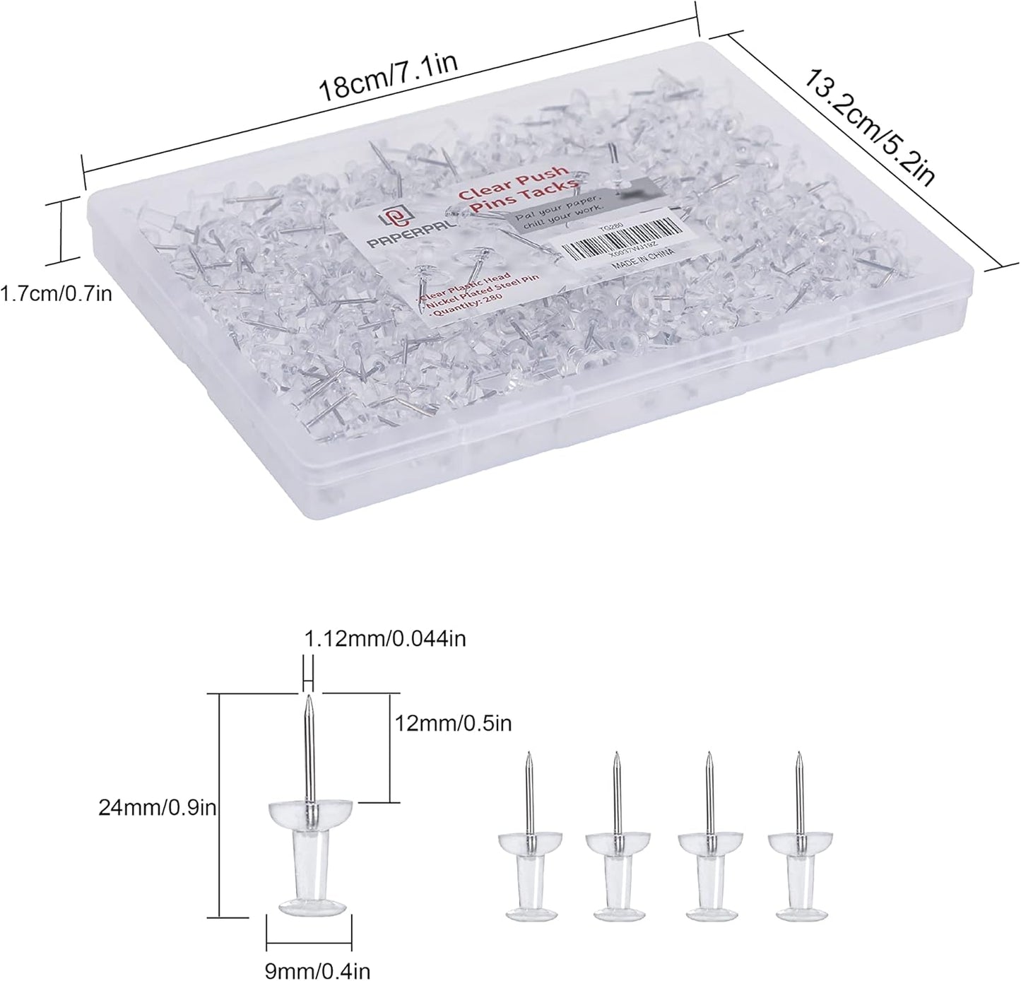PAPERPAL 280 Clear Push Pins for Cork Board, Clear Thumb Tacks for Wall Hangings, Pushpins for Office School & Personal Use, Standard Size Push Pin Tacks