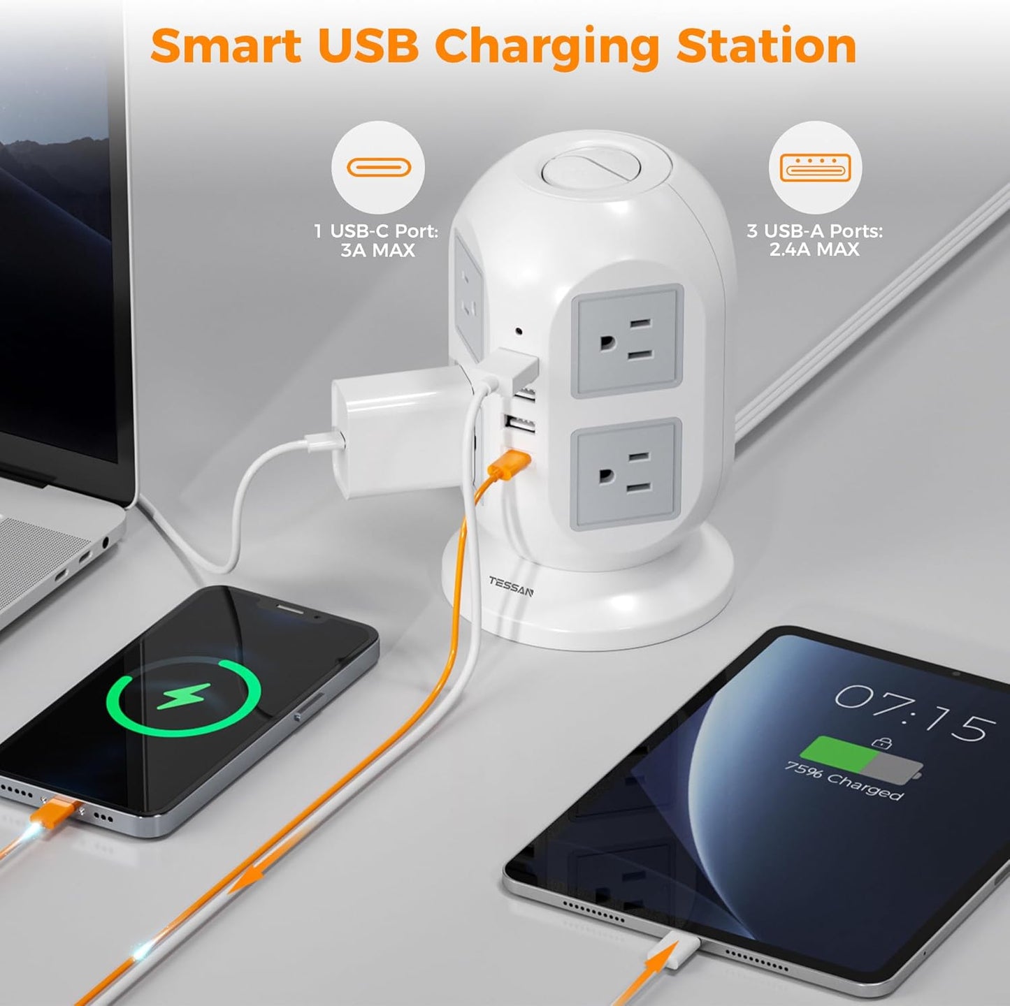 Tower Surge Protector Power Strip 10 ft, TESSAN Long Flat Extension Cord with Multiple Outlets, 8 AC Outlets with 4 USB Ports (1 USB C), Charging Station with Surge Protection, for Home Office Dorm