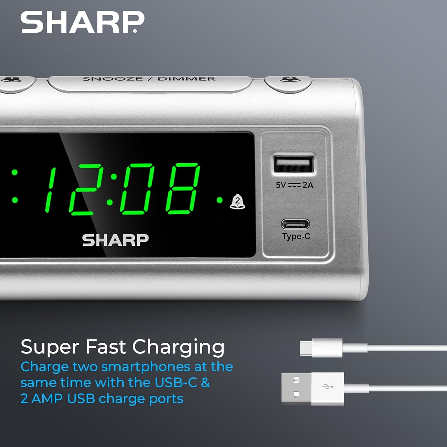 Sharp Alarm Clock for Bedrooms, Super Fast USB-C Charging and Fast 2 Amp USB Charging, 2 Alarms, 3-Step Dimmer, Snooze, Easy to Set Controls, Silver with Green LED Display
