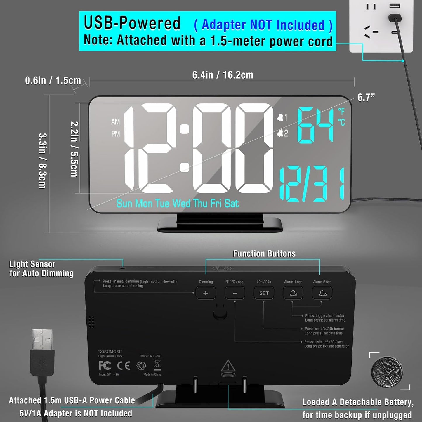 KOSUMOSU Digital Alarm Clock 6.7in Black Clock for Bedroom, Dual Alarm, Date, Seconds,Day of Week,12/24h,Dimming, Temp, Desk Clock, LED Clock for Living Room, Calendar Digital Clock