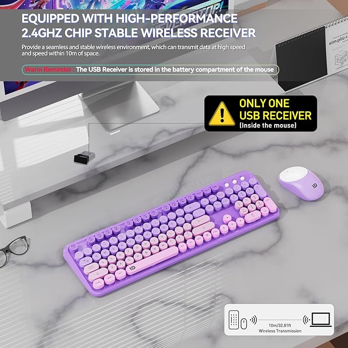 Wireless Keyboard and Mouse Combo, 2.4 GHz Wireless Full-Sized Typewriter Keyboard with Round Keycaps for Windows, Computer, Desktop, PC, Laptop (Purple)