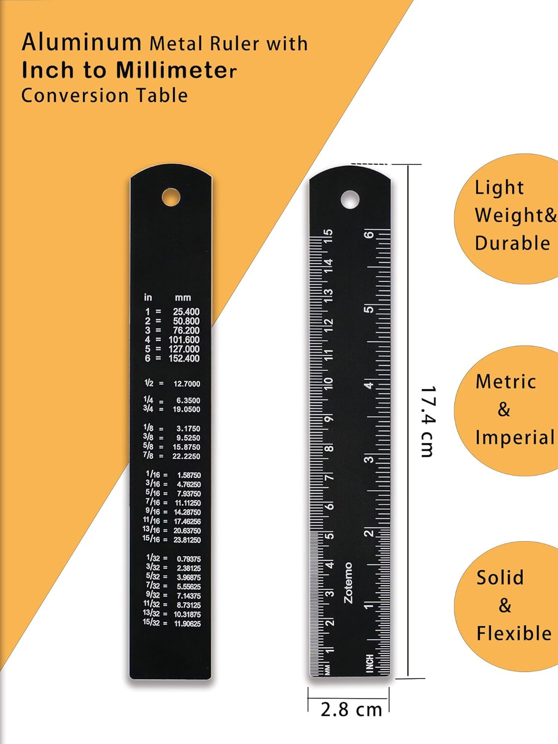 6 Inch Metal Ruler Set - Dual Scale Metric & Imperial,150 mm Straight Edge Rule, Laser Engraved, Edge-to-Edge Measuring for School, Geometry, Crafting & Gifts (2-Pack)