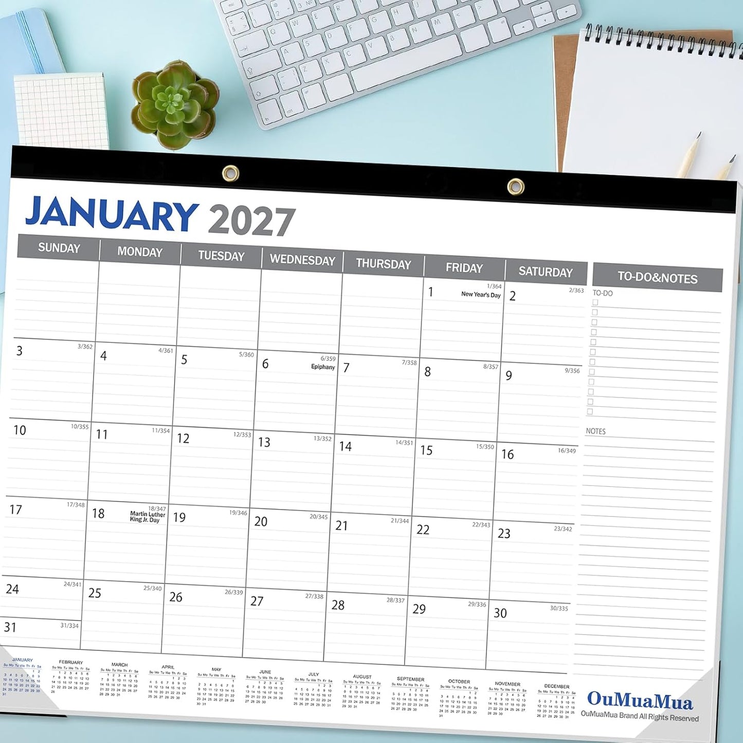 OuMuaMua Large Desk Calendar 2026-2027 - 18 Months from Jan. 2026 through Jun. 2027, 22 x 17 Inches Desktop Wall Calendar with Julian Date To-do & Notes, Corner Protectors for School Home Office