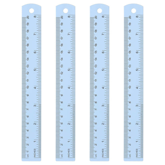 HARFINGTON 4pcs Metal Straight Ruler 20cm Metric SAE Aluminum Alloy Measuring Rulers Scale Tool with Hole for Measure Study Reading Classroom Office, Light Blue